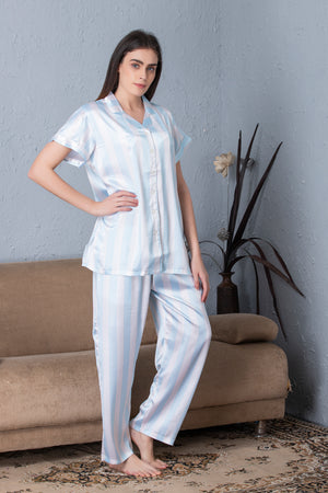 Stripe satin Classic collar Night suit Sky Blue Private Lives
