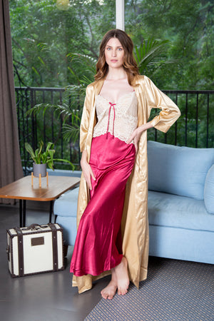Nightgown set in Gold & Maroon Private Lives