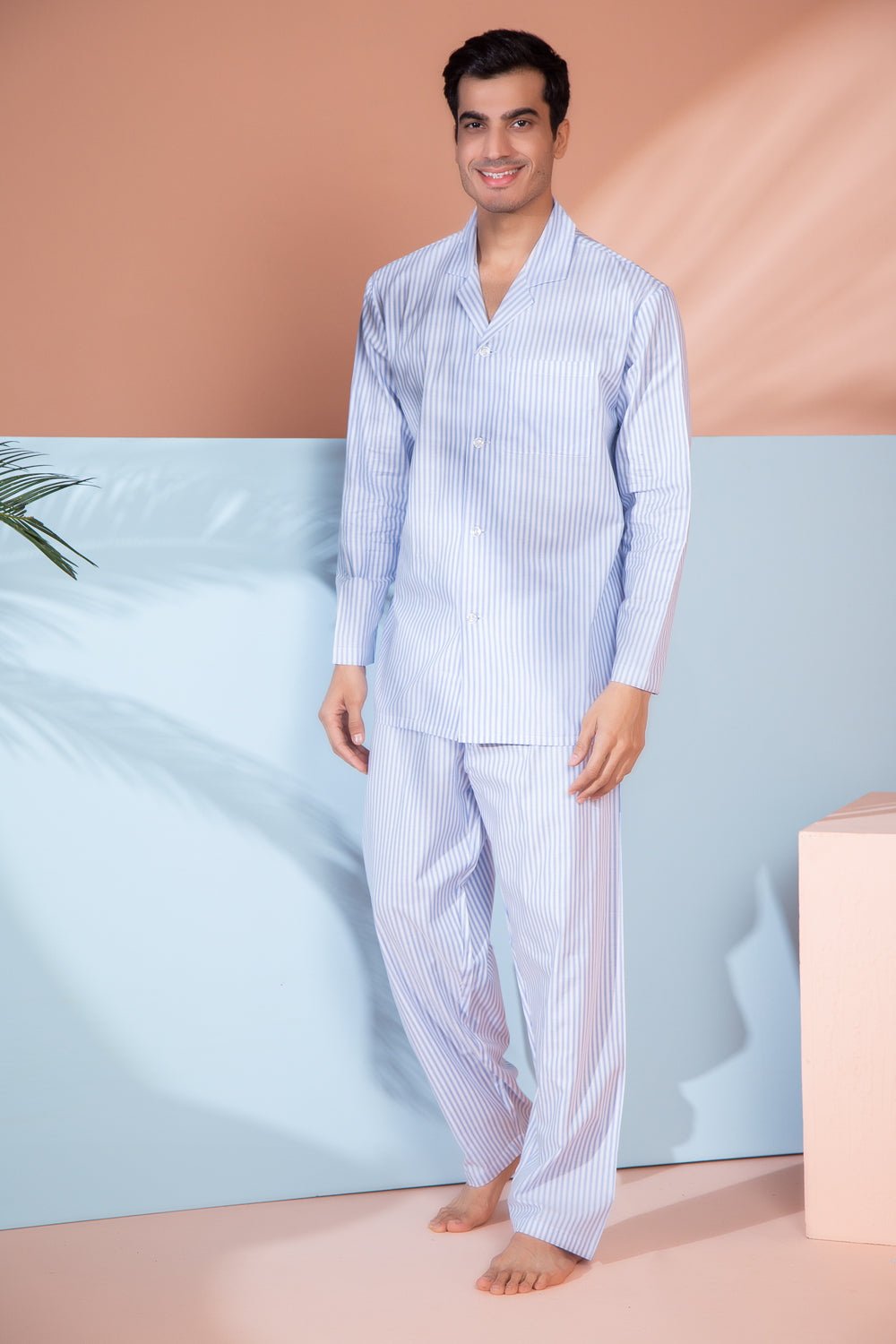 Pure Cotton Classic Collar Nightsuit in Stripe Private Lives