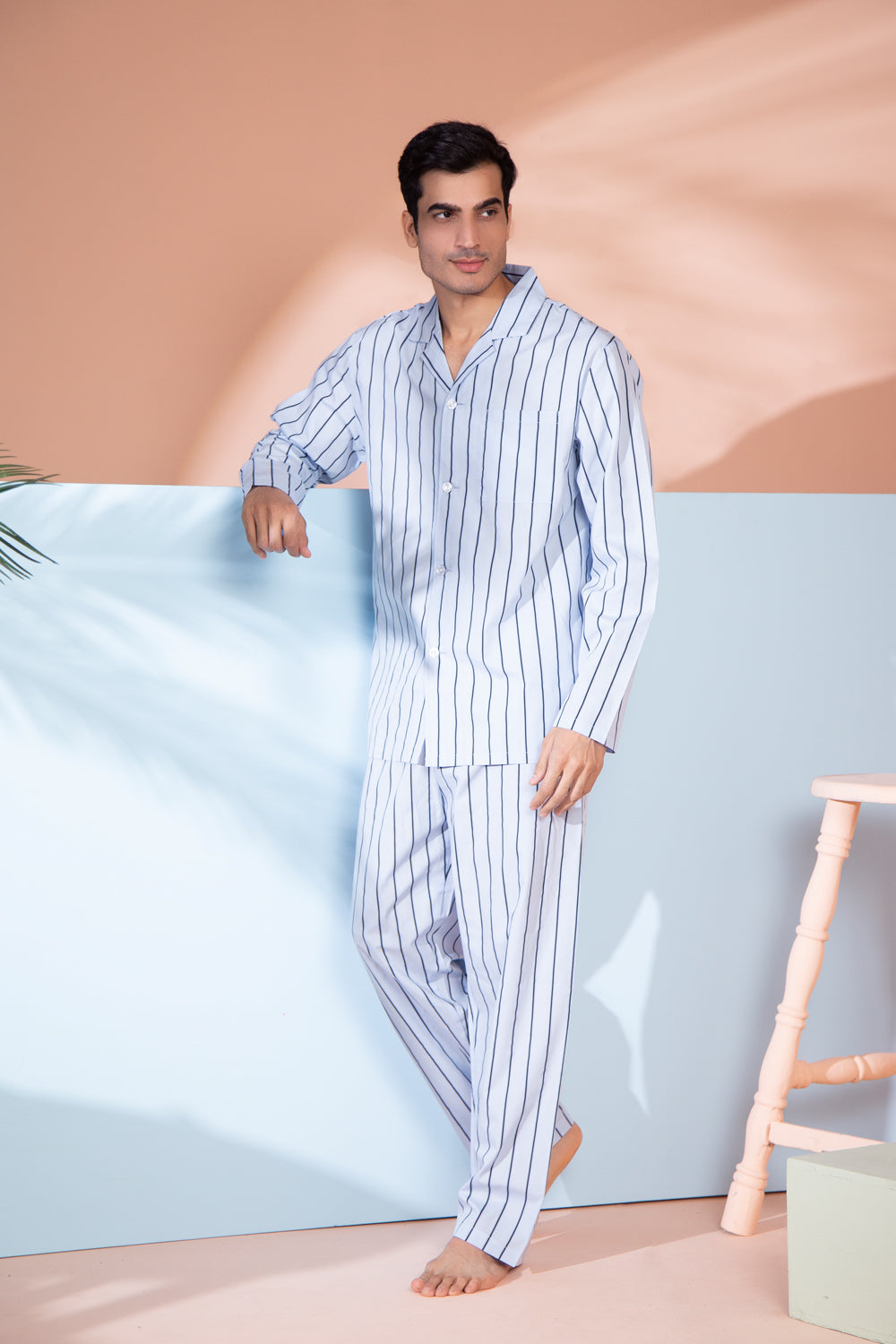Pure Cotton Classic Collar Nightsuit in Stripe Private Lives