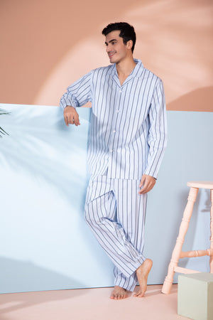 Pure Cotton Classic Collar Nightsuit in Stripe Private Lives