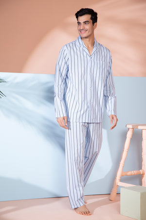 Pure Cotton Classic Collar Nightsuit in Stripe Private Lives