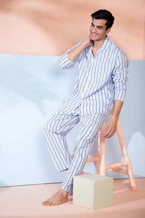 Pure Cotton Classic Collar Nightsuit in Stripe Private Lives