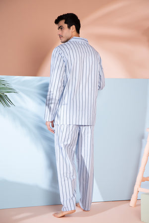 Pure Cotton Classic Collar Nightsuit in Stripe Private Lives