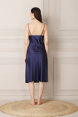 Satin Nightgown set in Navy blue Satin with Ruffle sleeves Private Lives
