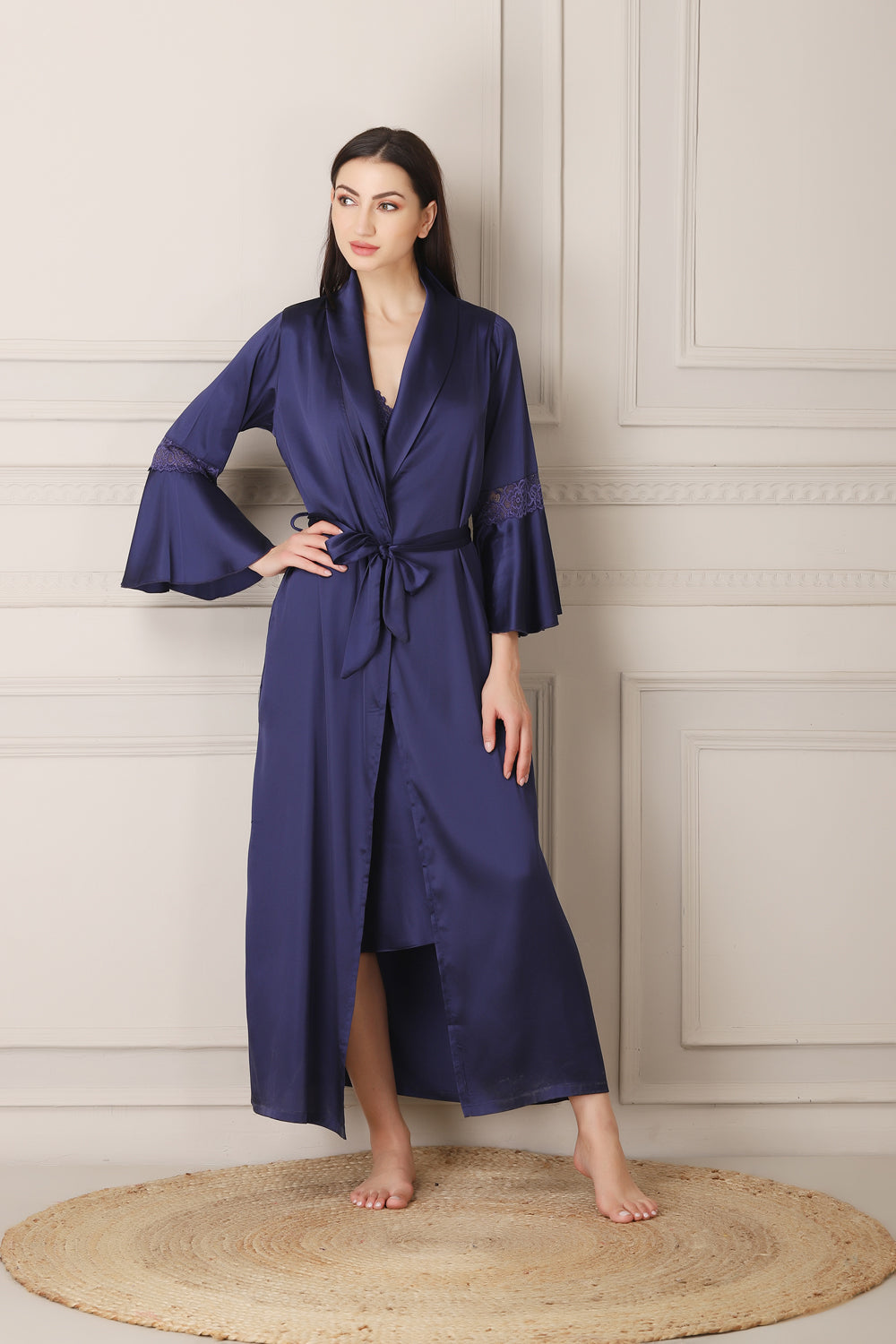 Satin Nightgown set in Navy blue Satin with Ruffle sleeves Private Lives