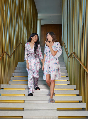 Printed Satin Night suit with Robe Private Lives