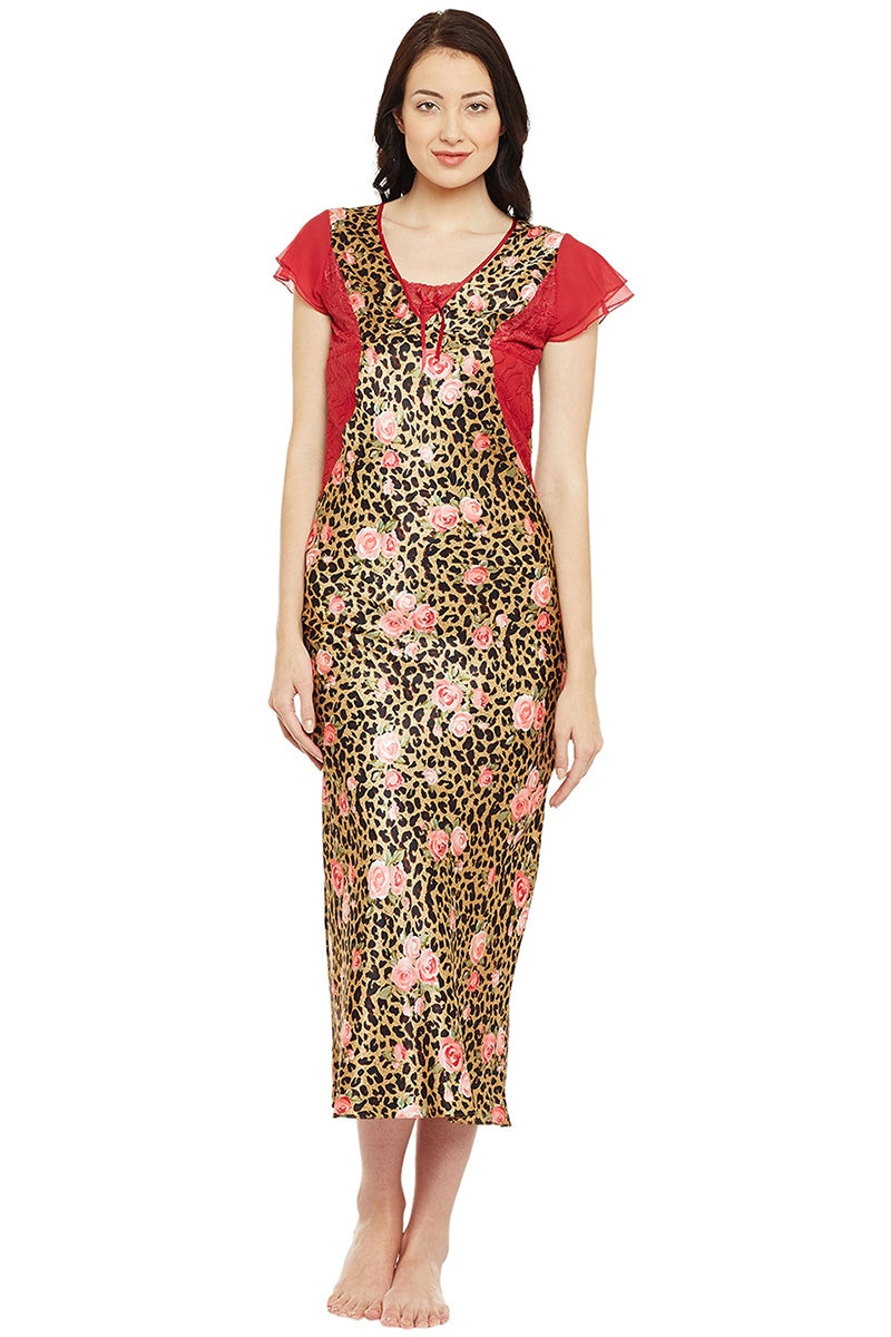 Printed Long Nighty In Gold Color - Private Lives