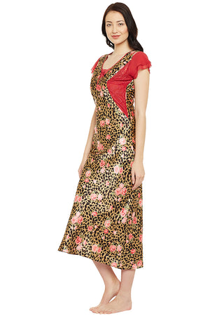 Printed Long Nighty In Gold Color - Private Lives