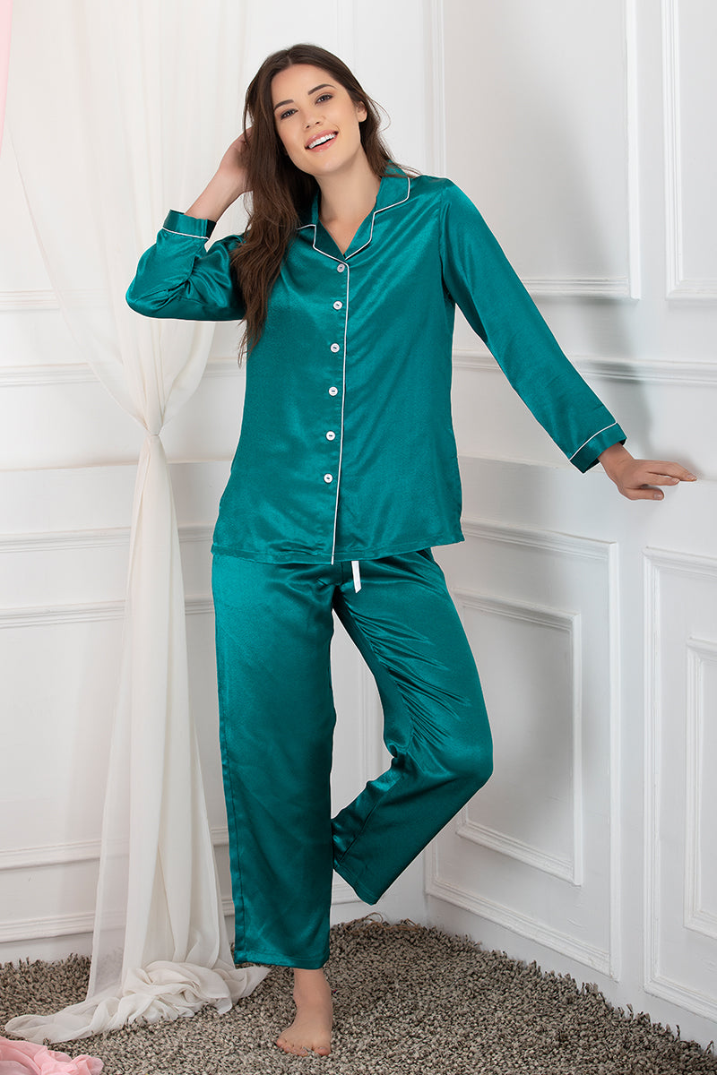 Private Lives Green Satin Top & Pajama - Private Lives