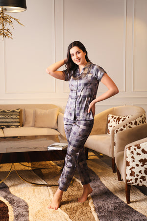 Classic Collar Night suit in printed Satin Private Lives