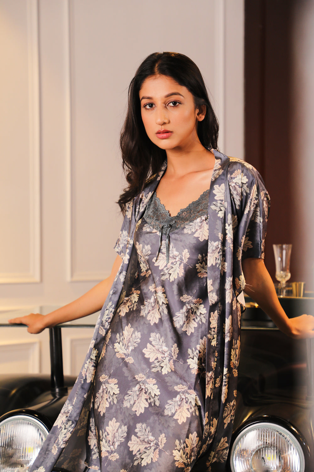 Printed Satin Short Nighty & Robe Private Lives