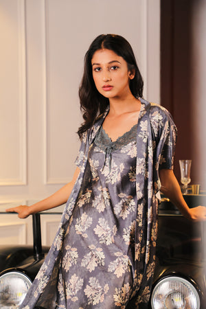 Printed Satin Short Nighty & Robe Private Lives
