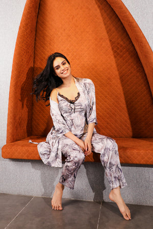 Printed Satin Nightsuit with Robe Private Lives