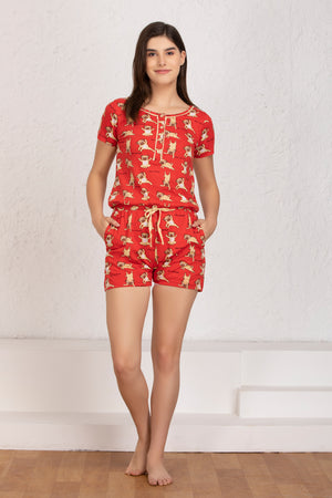 Red pug print hosiery Jumpsuit Private Lives