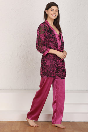 Satin Night suit with Floral robe Private Lives