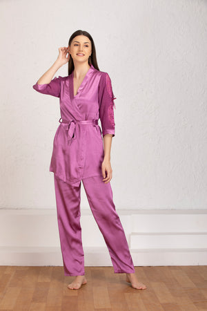 Plain satin Night suit with robe Private Lives