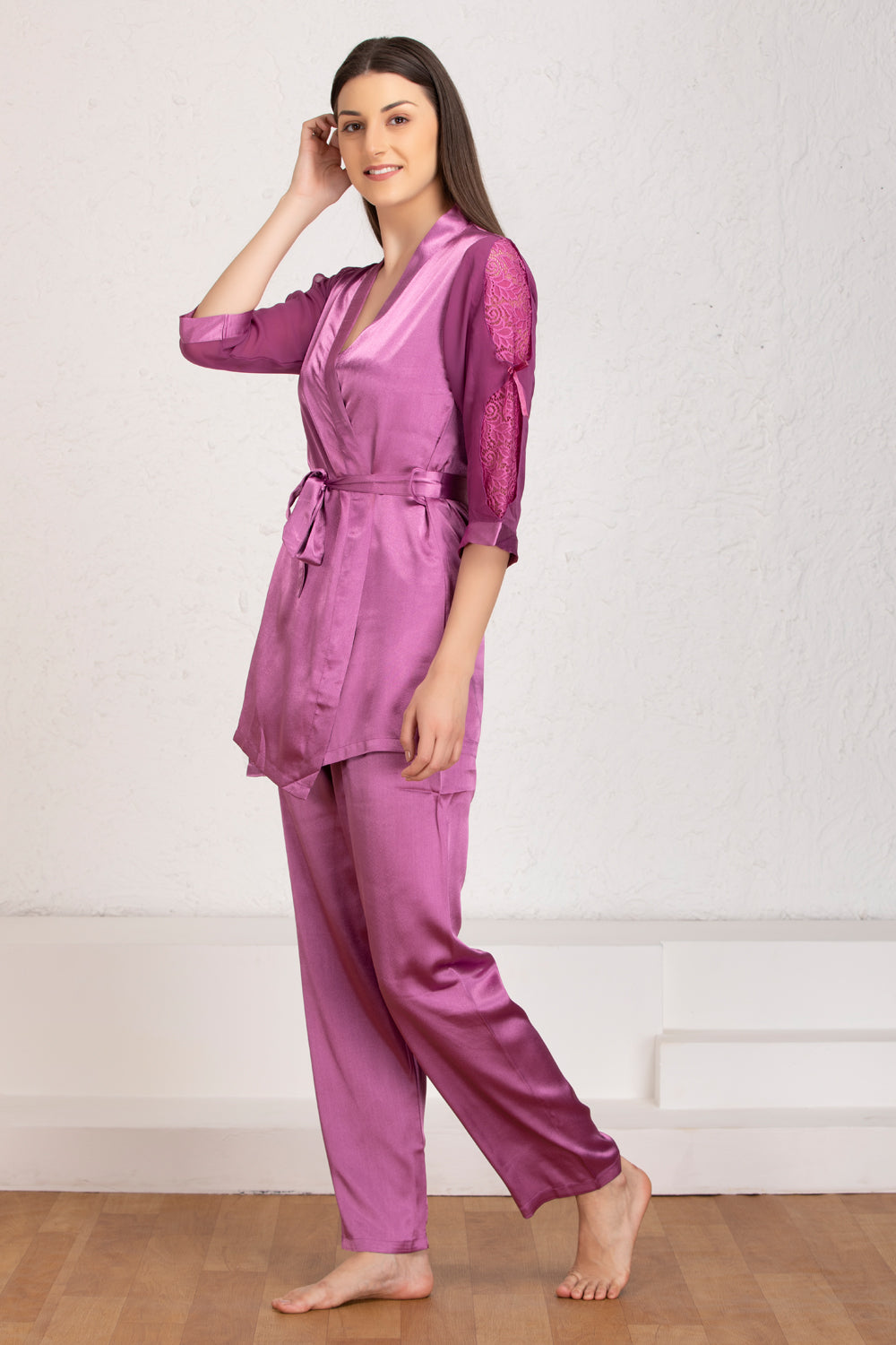 Plain satin Night suit with robe Private Lives