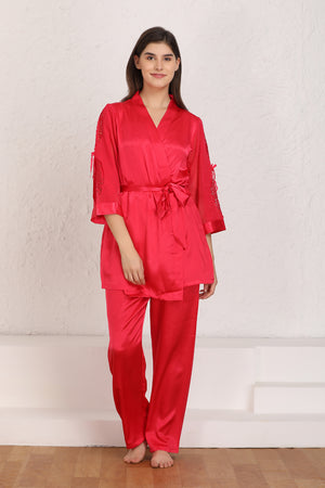 Red satin Night suit with robe Private Lives