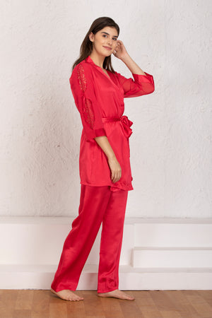 Red satin Night suit with robe Private Lives
