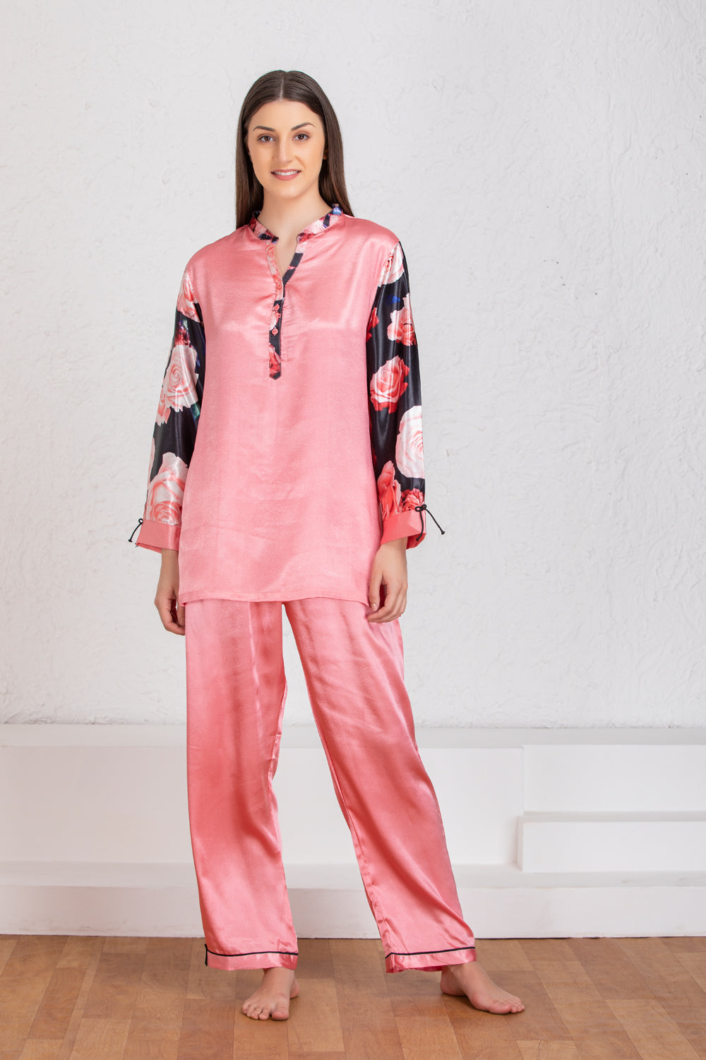 Plain satin Night suit with floral Print sleeves - Private Lives