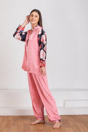 Plain satin Night suit with floral Print sleeves Private Lives