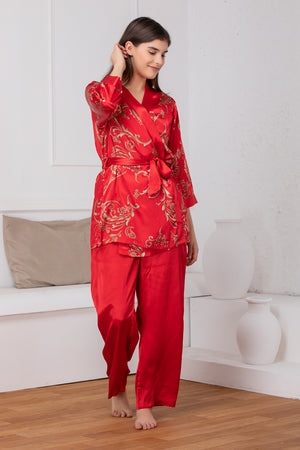 Bridal red satin Night suit with print robe Private Lives