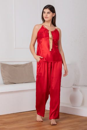 Bridal red satin Night suit with print robe Private Lives