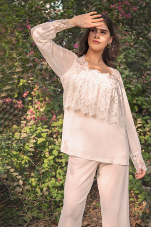 Night suit in white chiffon with Front ruffles Private Lives