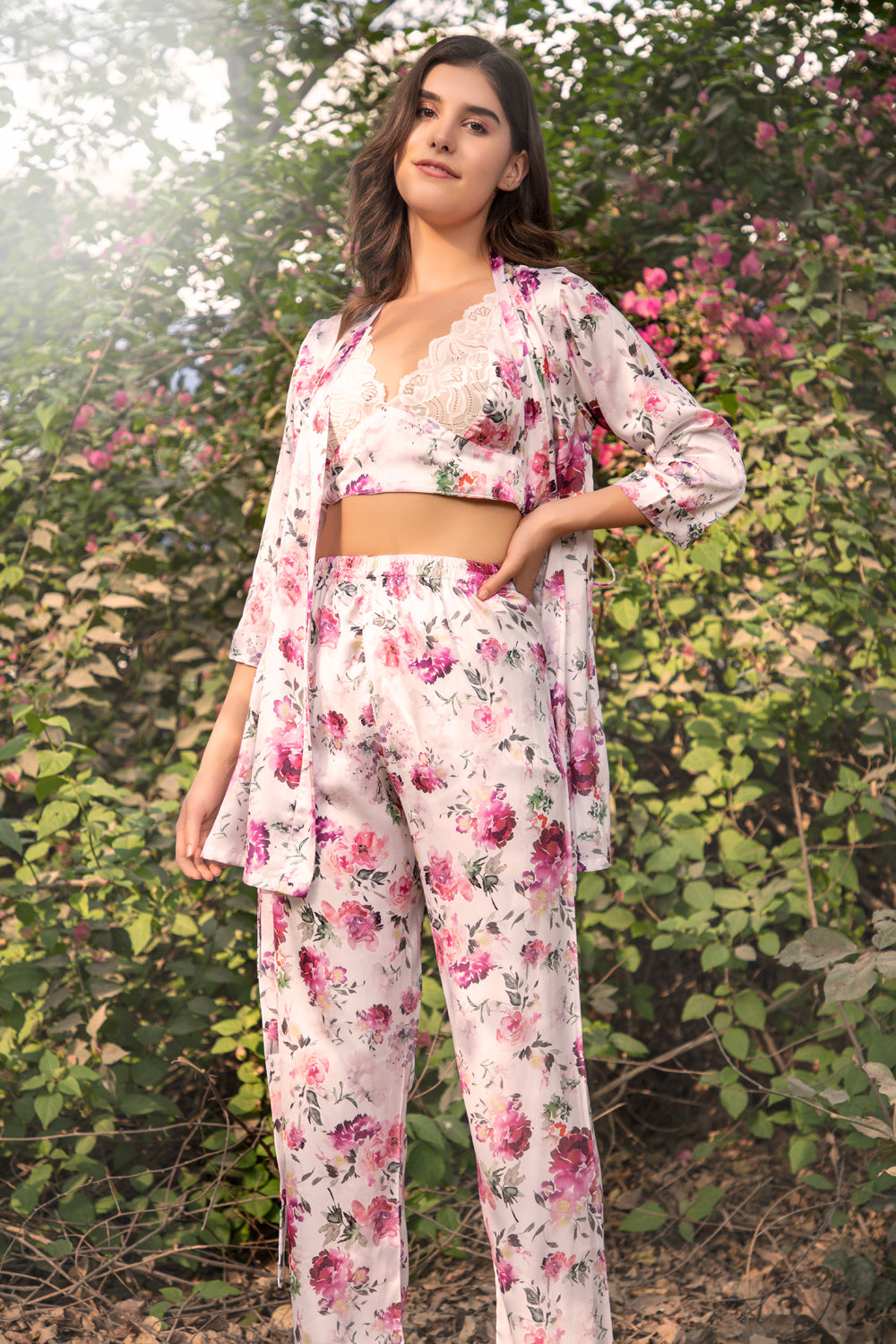 Print Floral Crop top  Nightsuit with Robe Private Lives