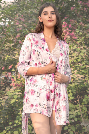 Print Floral Crop top  Nightsuit with Robe Private Lives