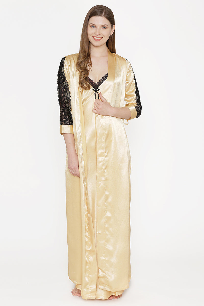 Private Lives Gold Satin Long Nighty Gown - Private Lives