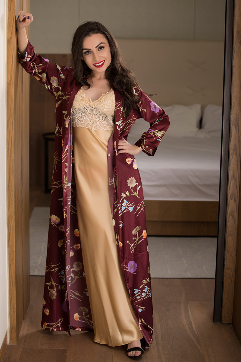 Nighty Robe Buy Golden Long Nighty With Maroon Robe Set By Private Lives