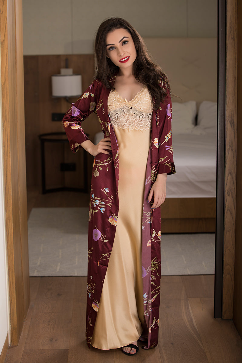 Buy Golden Long Nighty With Maroon Robe Set By Private Lives