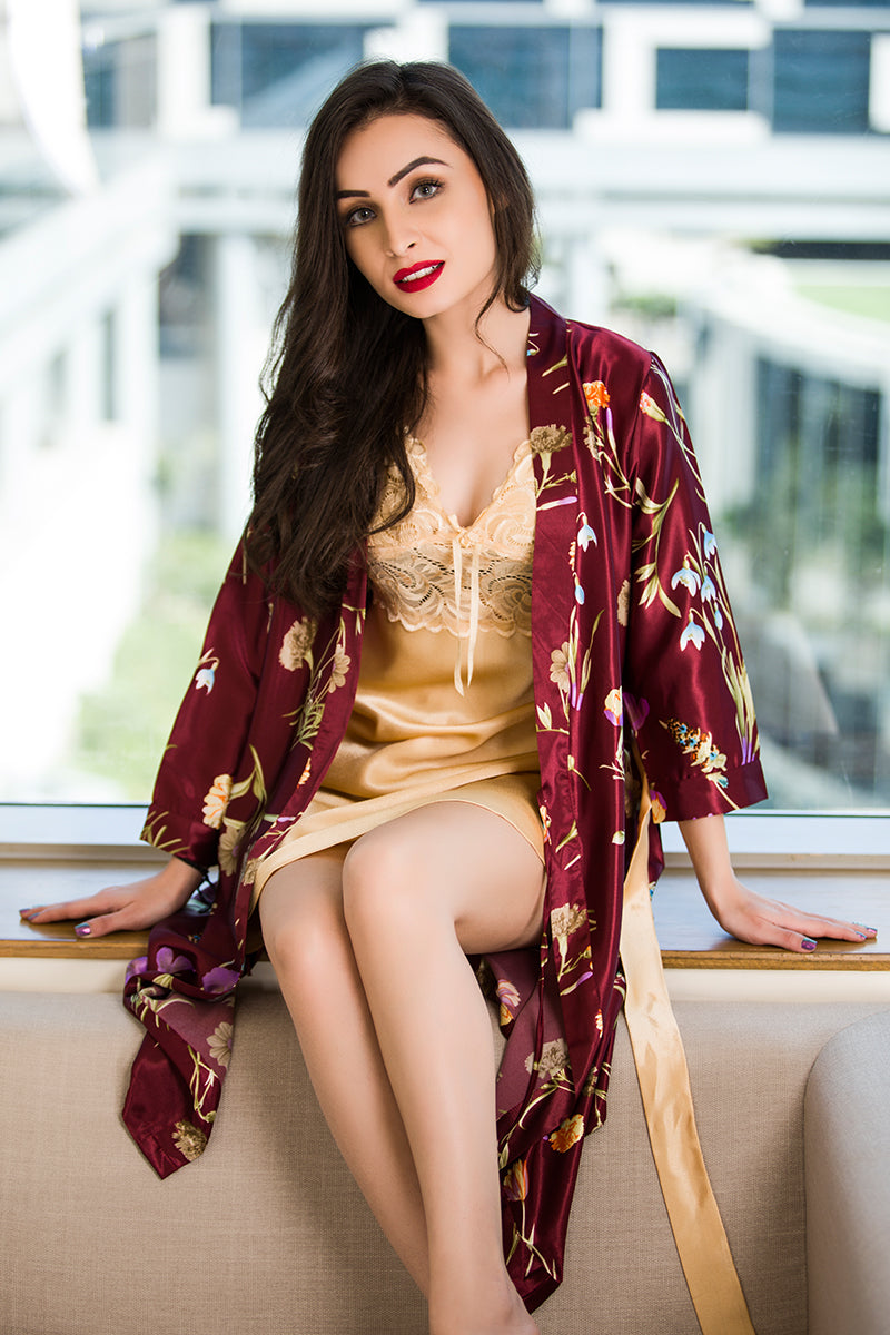 Private Lives Maroon Satin Short 2Pcs Set - Private Lives