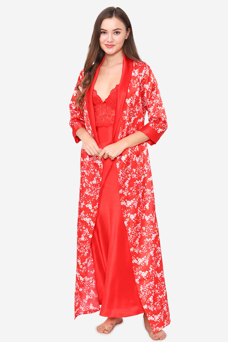 Red Satin Long Nighty & Robe - Private Lives