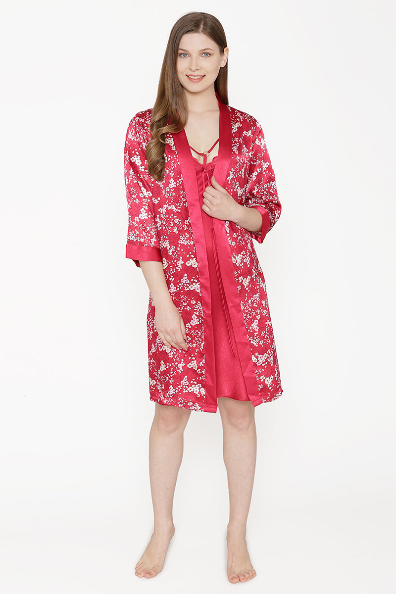 Private Lives Maroon Satin Short Nighty Gown - Private Lives