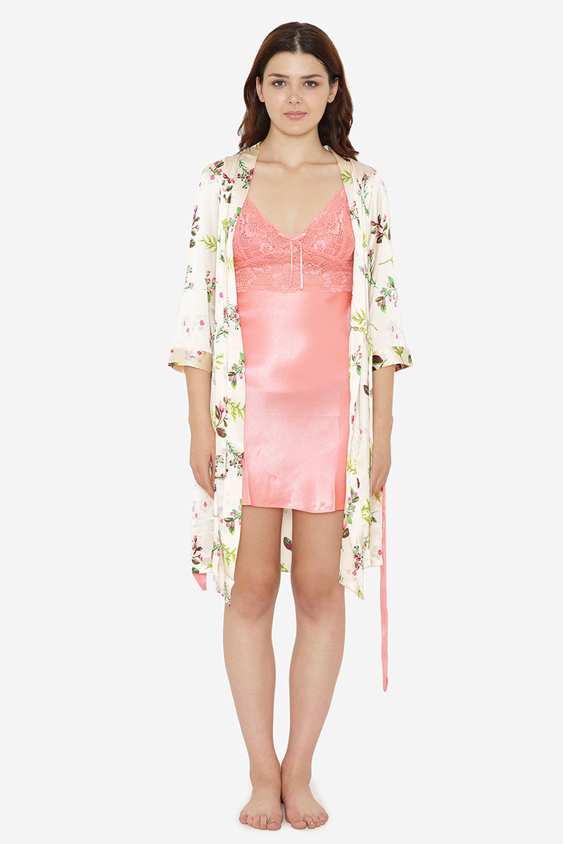 Private Lives Cream Satin Short Nighty & Robe Set - Private Lives