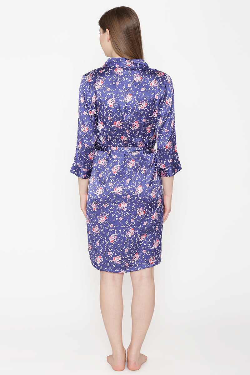 Private Lives Navy Blue Satin Short Nighty Gown - Private Lives