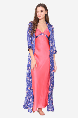 Pink Satin Long Nighty & Robe - Private Lives