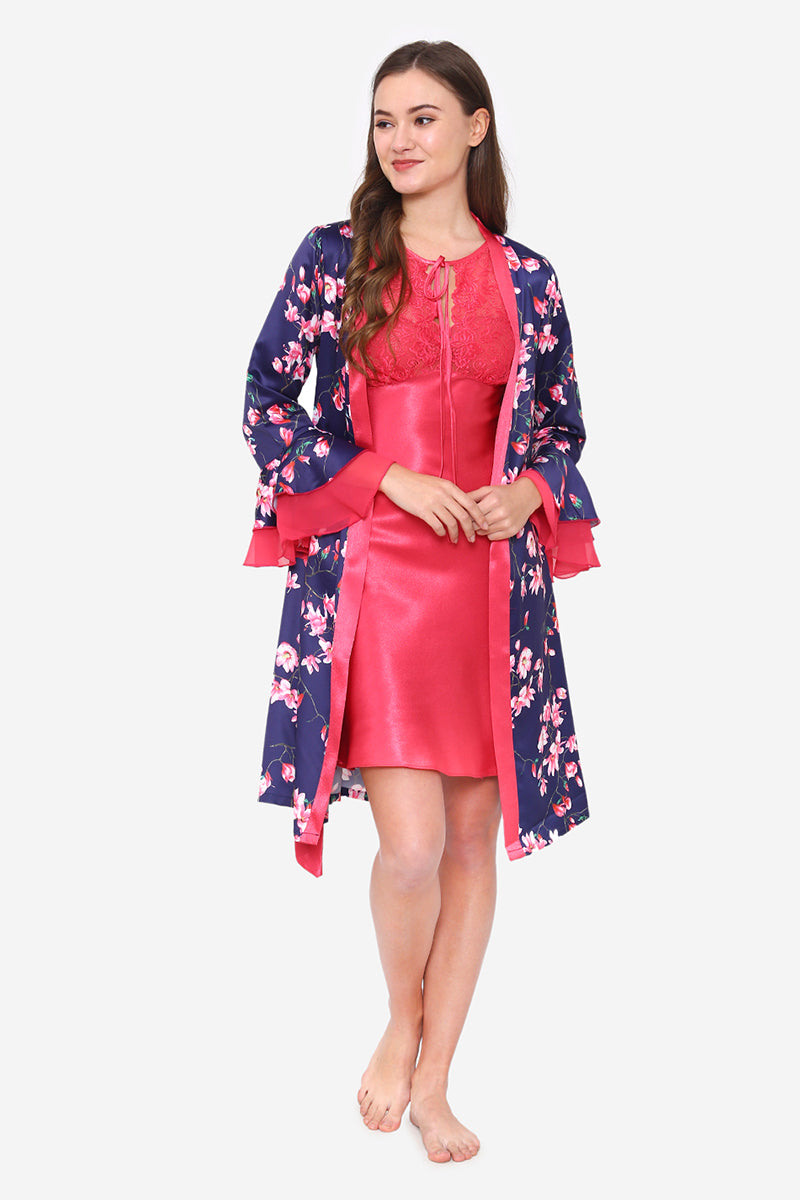 Pink Satin Short Nighty & Robe - Private Lives